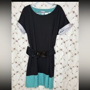 Robbie Bee Black and Teal Dress with Belt